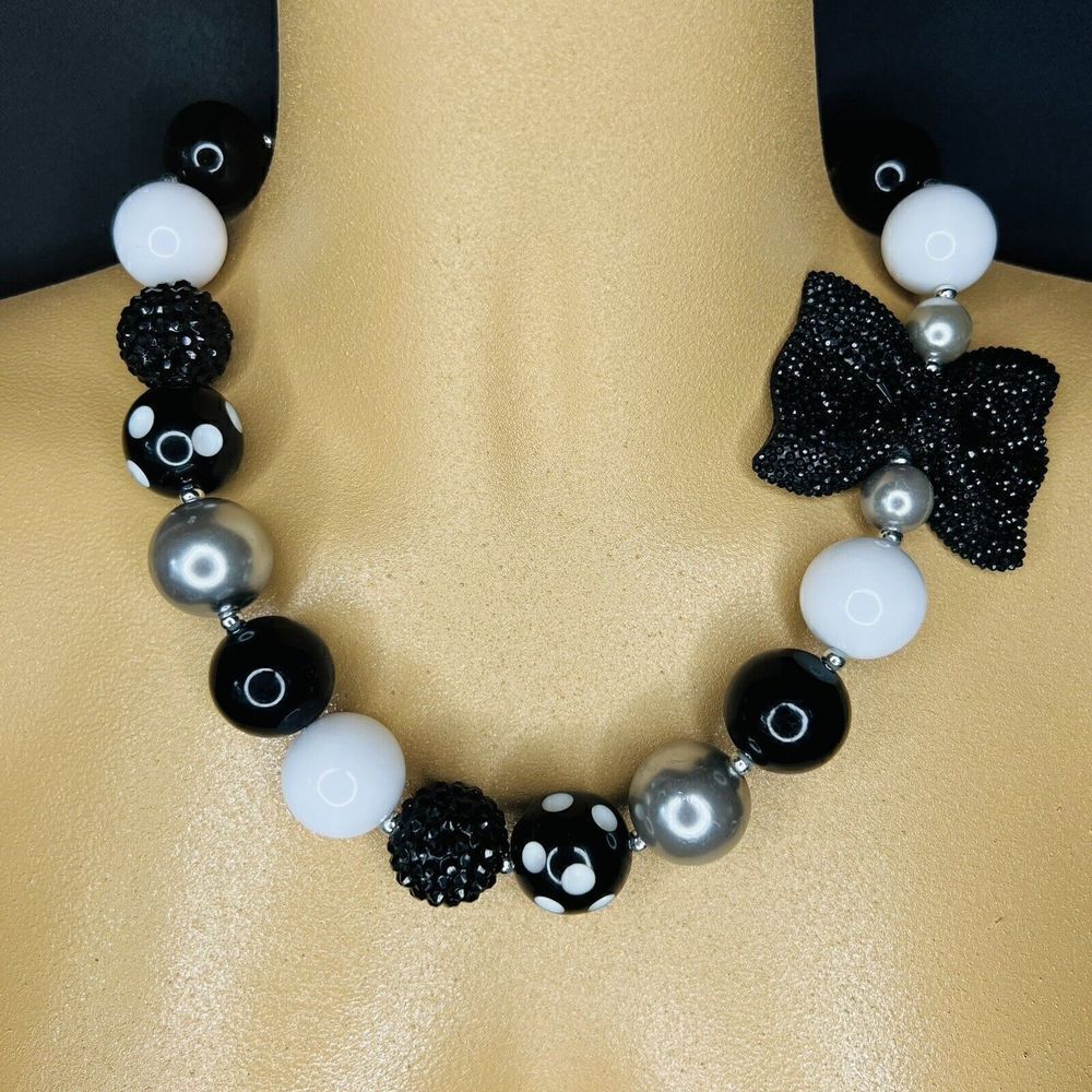 Vintage Black Molded Bow White Dot Chunky Beaded Necklace Choker Collar 4113